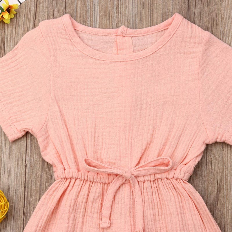Mubineo Toddler Baby Girl Summer Fall Basic Plain Short Sleeve Cotton Linen Drawstring Romper Jumpsuit (Peach Pink, 12-18 Months) - Image 4
